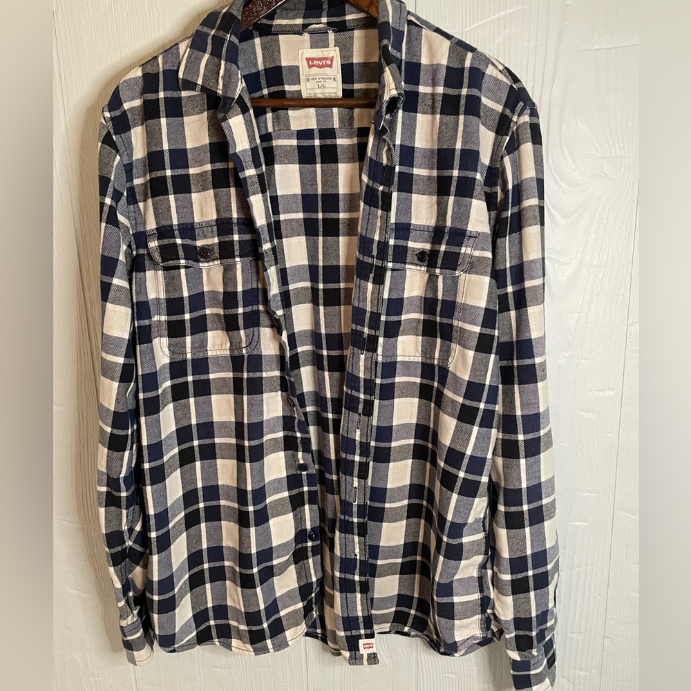 Levi’s Women’s Flannel Size Large Blue/Black/White - Picture 2 of 6